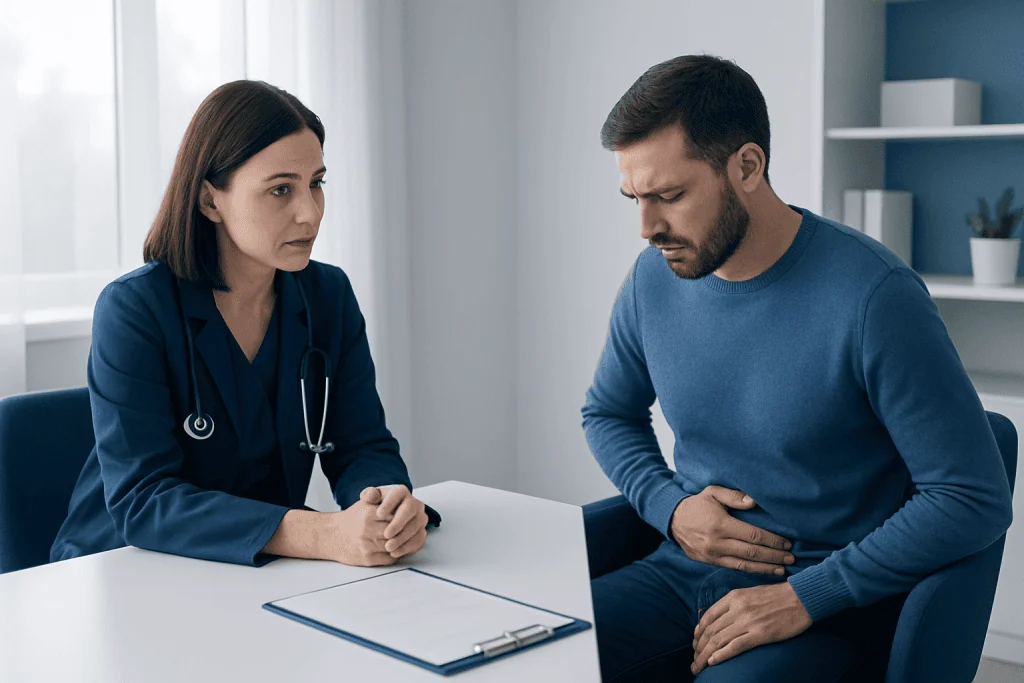 Doctor consulting with patient about fissure healing process in a clinic setting.