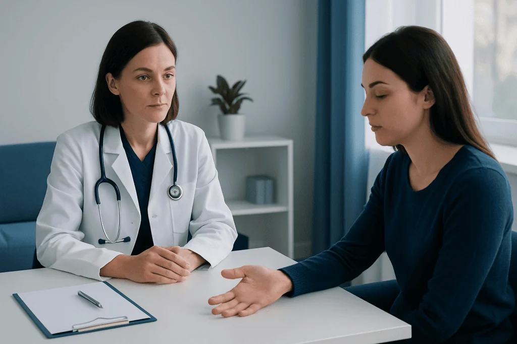 Doctor consulting a patient about symptoms in a medical office.