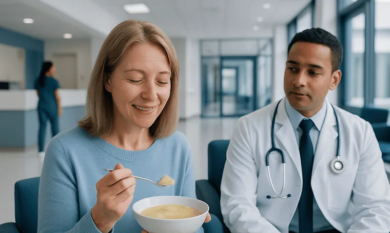 Patient enjoying soft food after dental surgery with doctor present.