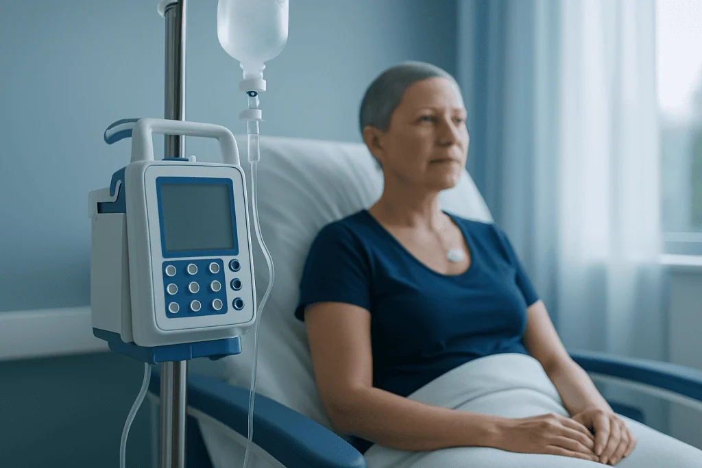 Elderly woman in hospital bed with IV drip, receiving medical treatment.