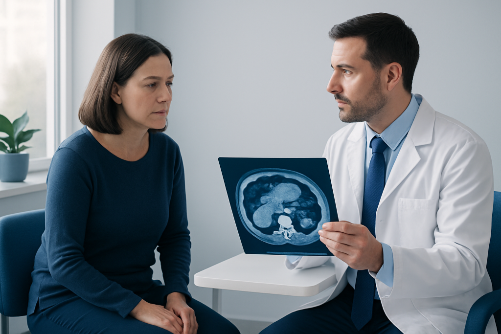 Doctor explaining abdominal scan results to a patient in a medical consultation.
