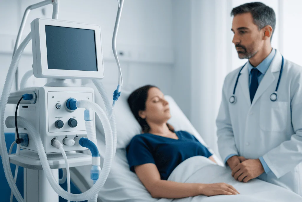 Doctor consulting patient in hospital room with medical equipment.