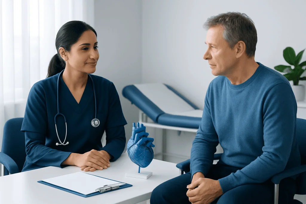 Doctor and patient discussing heart health in a medical consultation room.