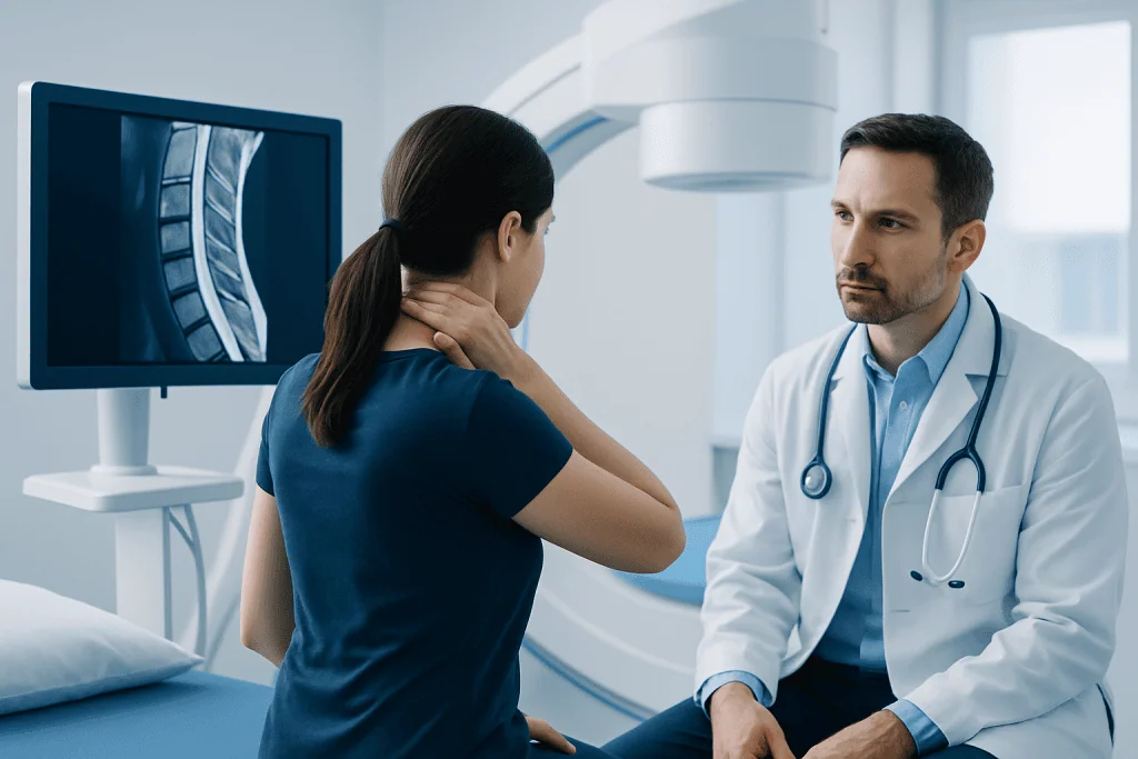 Doctor consulting with patient about neck pain and nerve issues in a hospital setting.