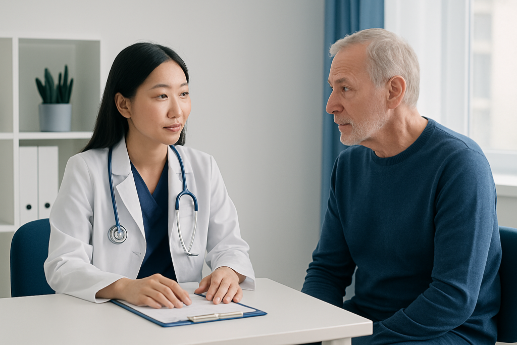 Doctor consulting with an elderly male patient in a modern clinic setting.