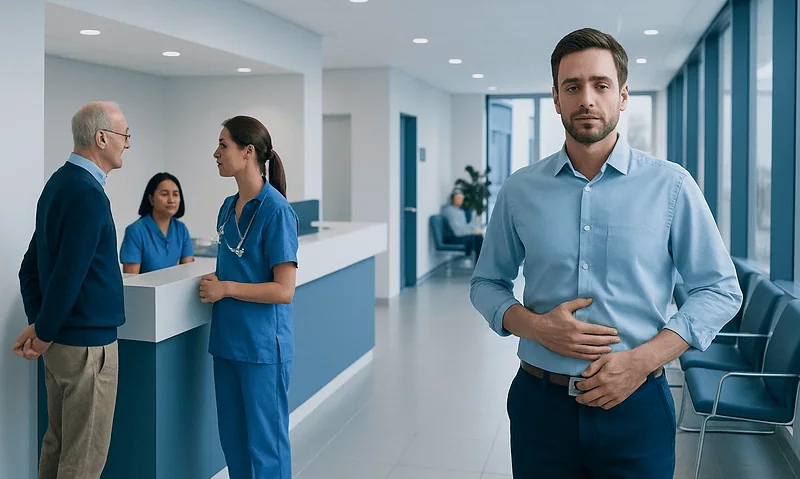 Hospital staff and patient in a modern medical facility.