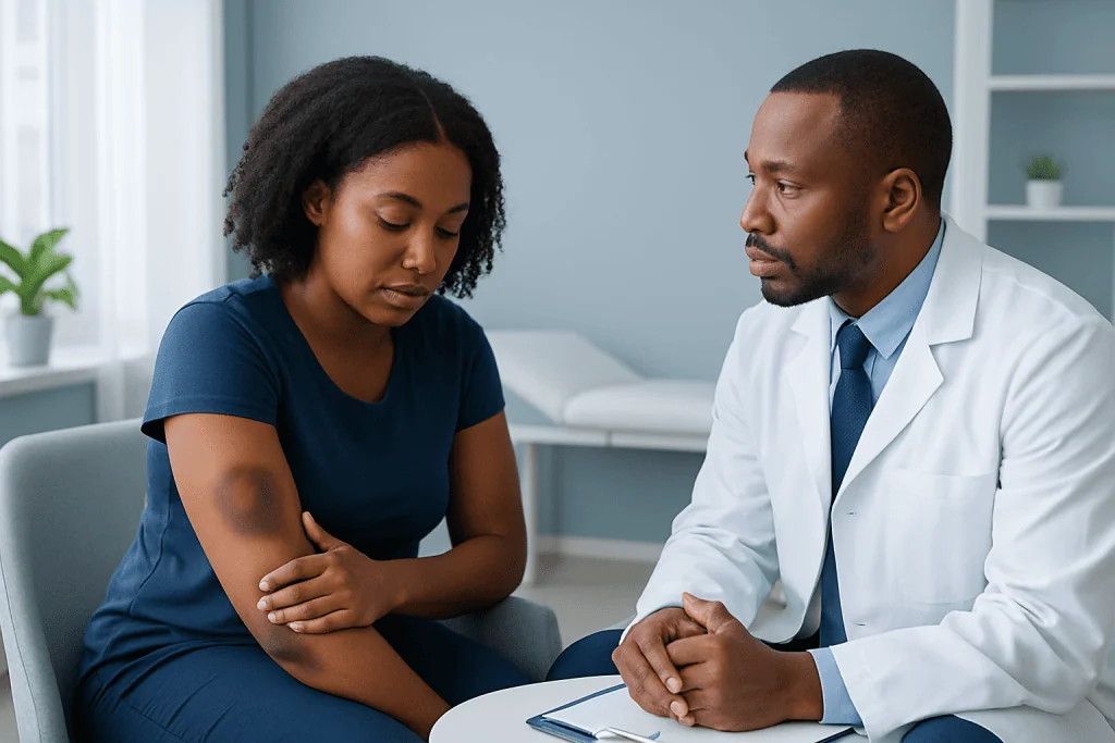 Medical consultation for bruises on black skin in a clinical setting.