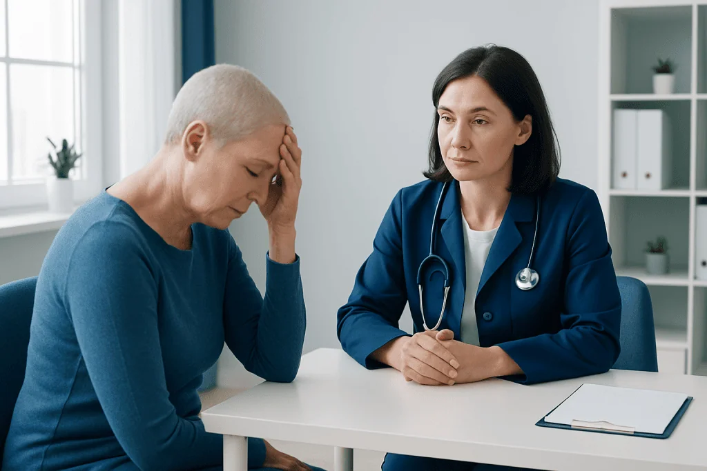 Patient consulting with doctor about health concerns in a medical office.