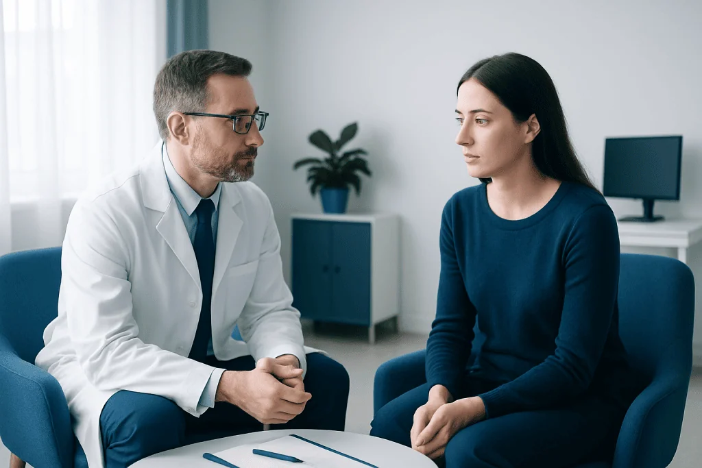 Doctor consulting with a patient in a medical office setting.