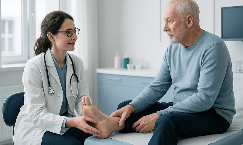 Doctor examining elderly man's foot in a medical consultation room.