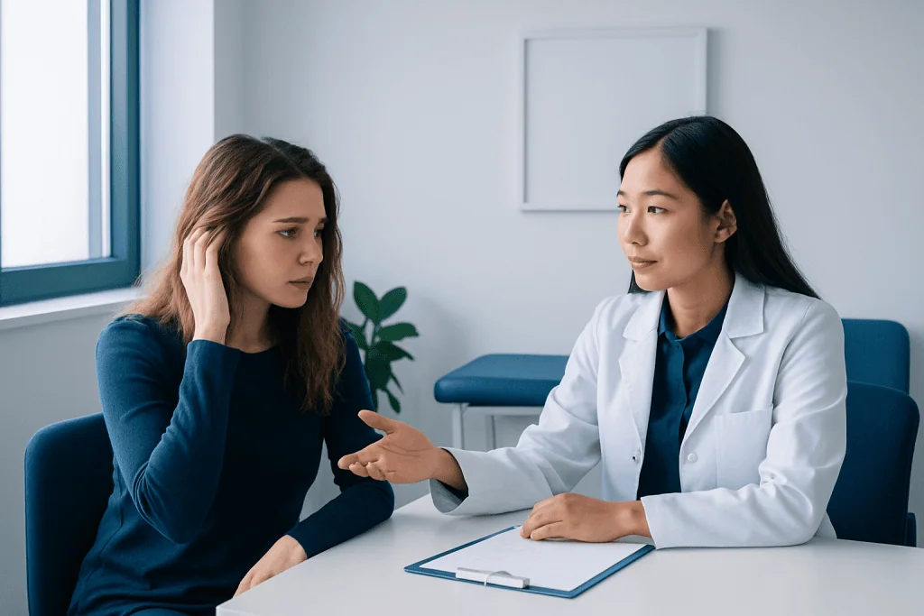 Doctor consulting with a patient about hair damage and treatment options.