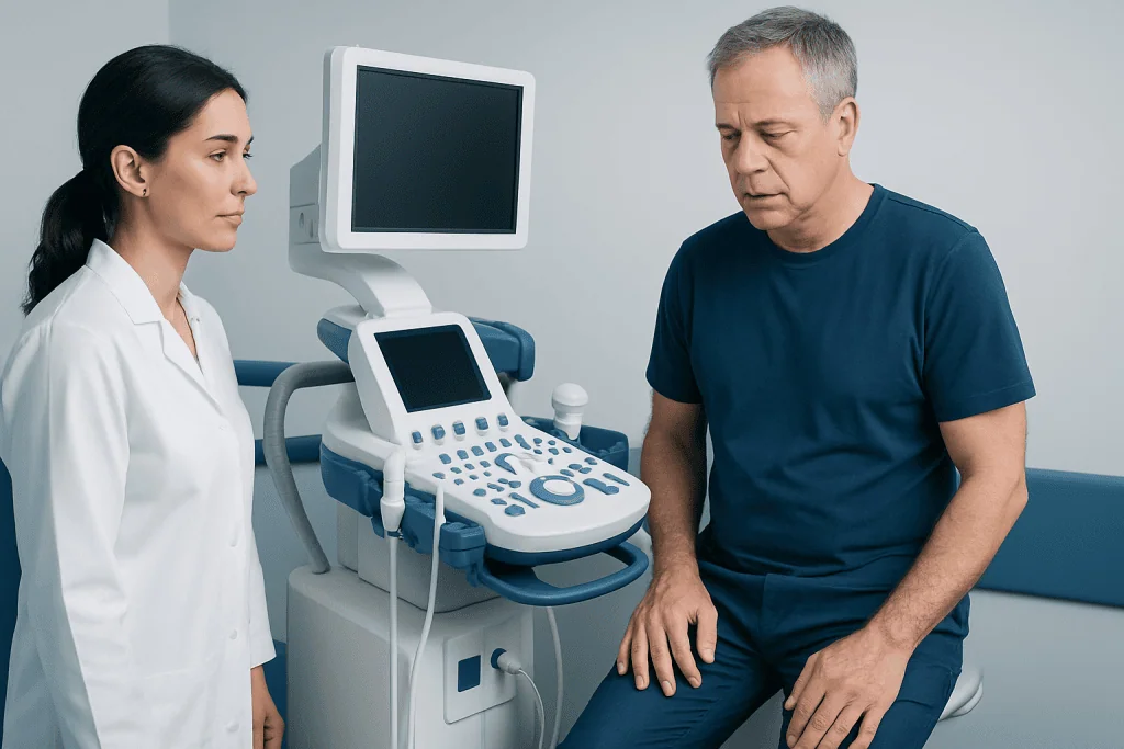 Doctor and patient during a medical consultation with ultrasound equipment.