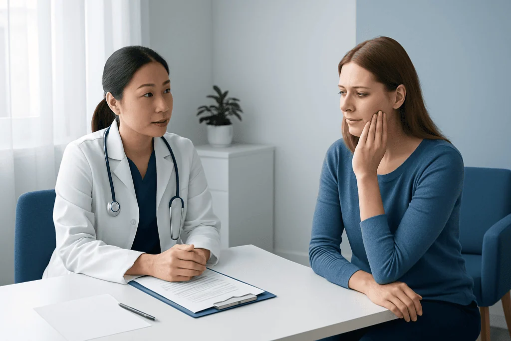 Doctor consulting with a patient about oral health issues in a clinic setting.