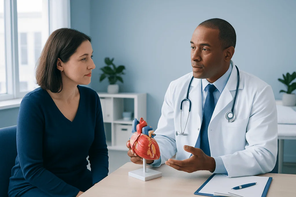 Doctor explaining heart health to a patient with a heart model.