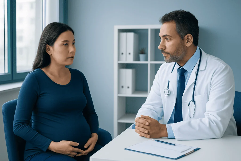 Doctor consulting pregnant woman in a medical office.