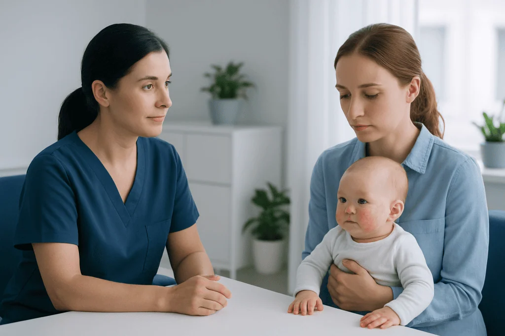 Pediatric consultation with a mother and healthcare professional in a clinic.