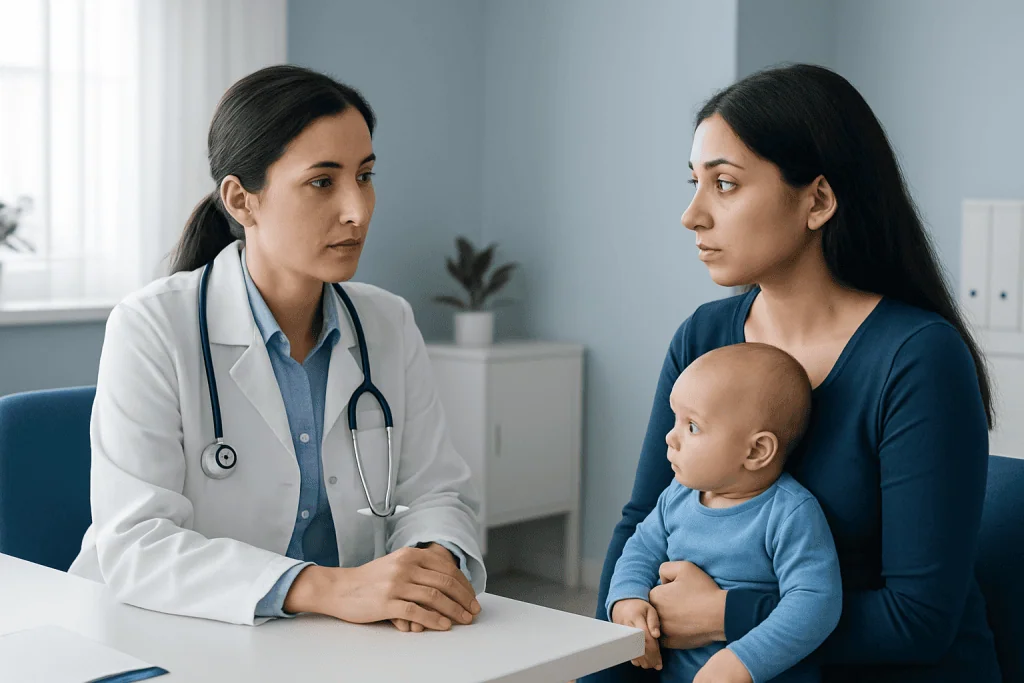Pediatric consultation with a doctor and mother discussing tongue tie issues.