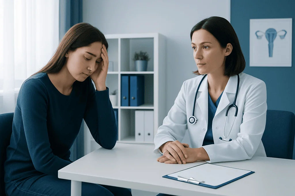 Young woman consulting with a doctor about health concerns in a medical office.
