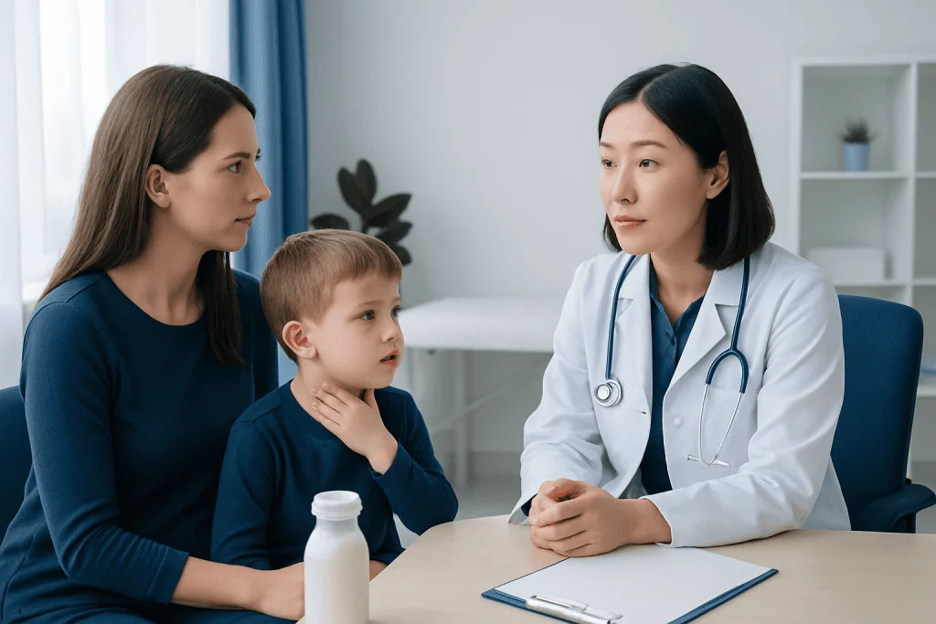 Doctor consulting mother and child about milk allergy symptoms in clinic.