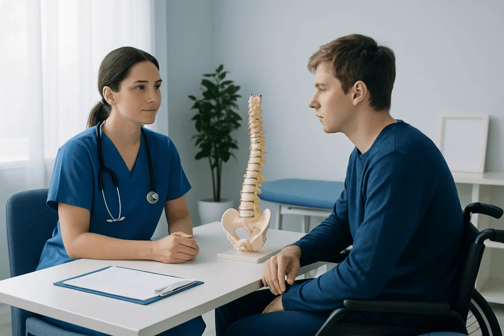 Doctor explaining spinal anatomy to patient in consultation room.