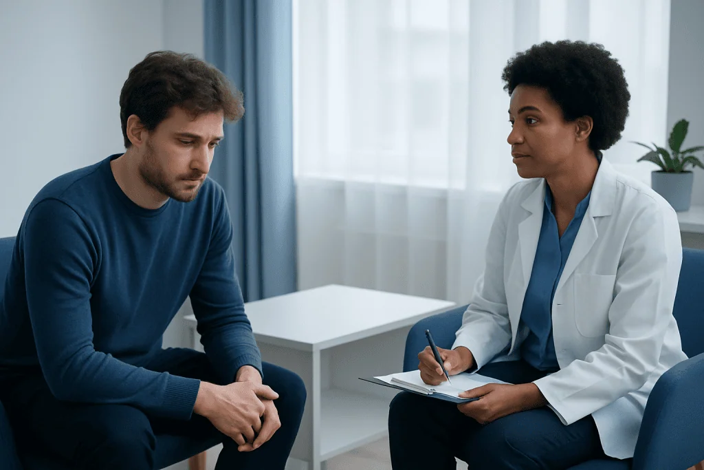 Psychiatrist consulting with a patient in a clinical setting.