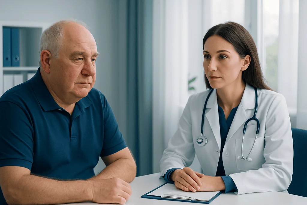 Doctor consulting with an elderly male patient in a medical office.