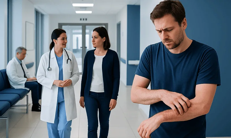 Man experiencing skin irritation in a hospital corridor with medical staff nearby.