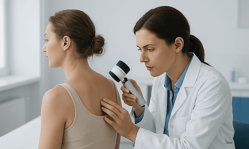 Dermatologist examining skin tags on patient's shoulder in clinic.