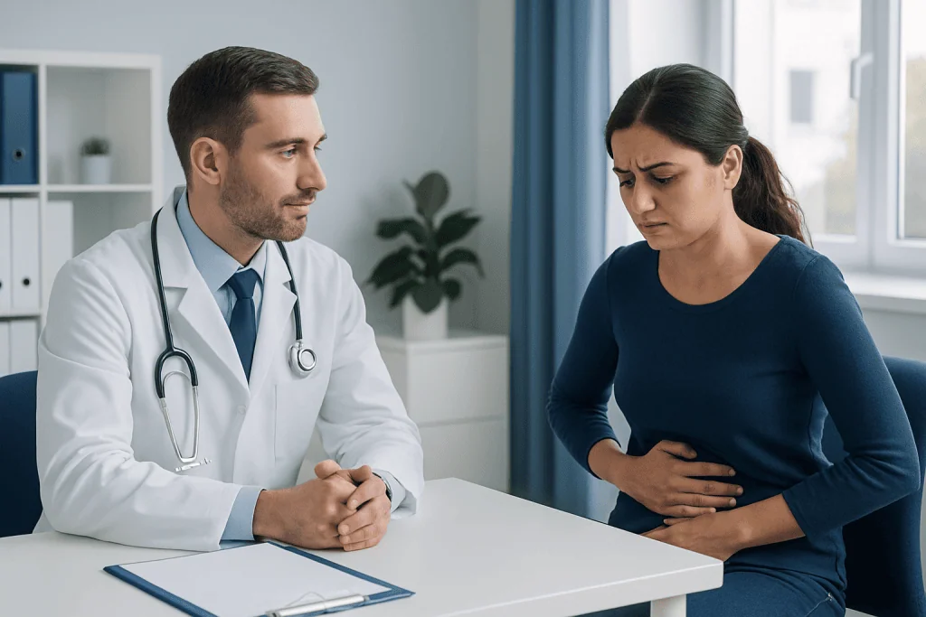 Doctor consulting a patient with stomach pain in a medical office.