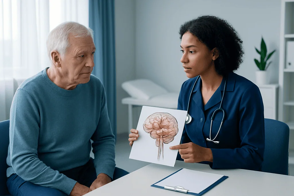 Doctor explaining brain scan to elderly patient in hospital setting.