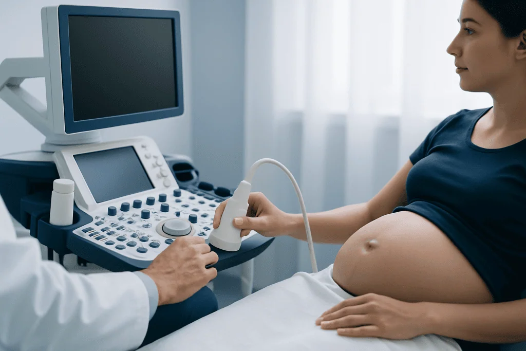 Pregnant woman undergoing an ultrasound examination at a hospital.