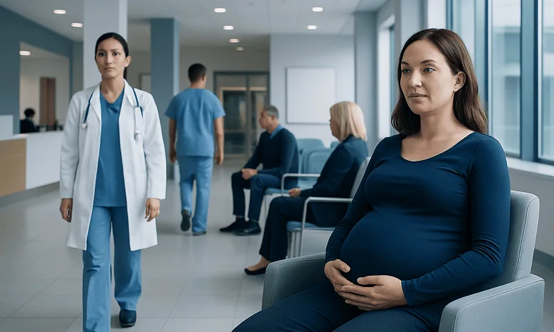 Pregnant woman waiting in hospital lobby with medical staff nearby.