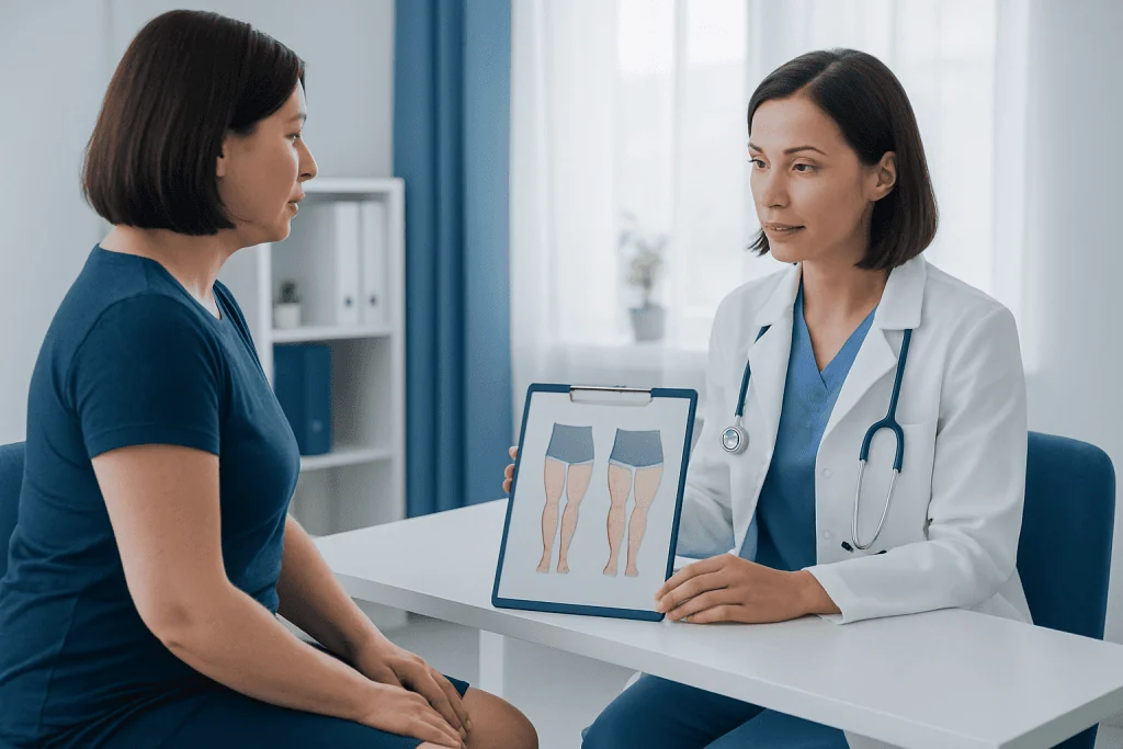 Doctor explaining leg conditions to patient with diagram of legs.