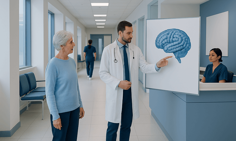 Doctor explaining brain diagram to elderly woman in hospital corridor.