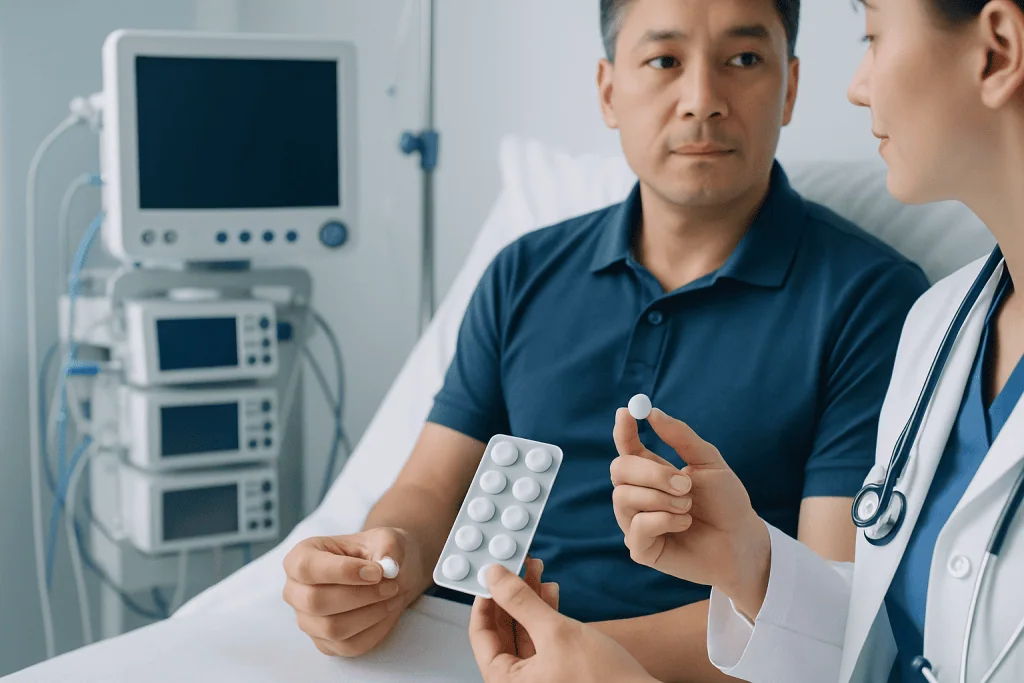 Doctor explaining medication to patient in hospital room with medical equipment.