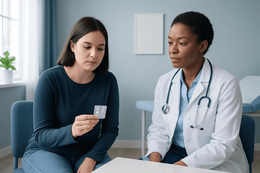 Young woman consulting with doctor about emergency contraception options.