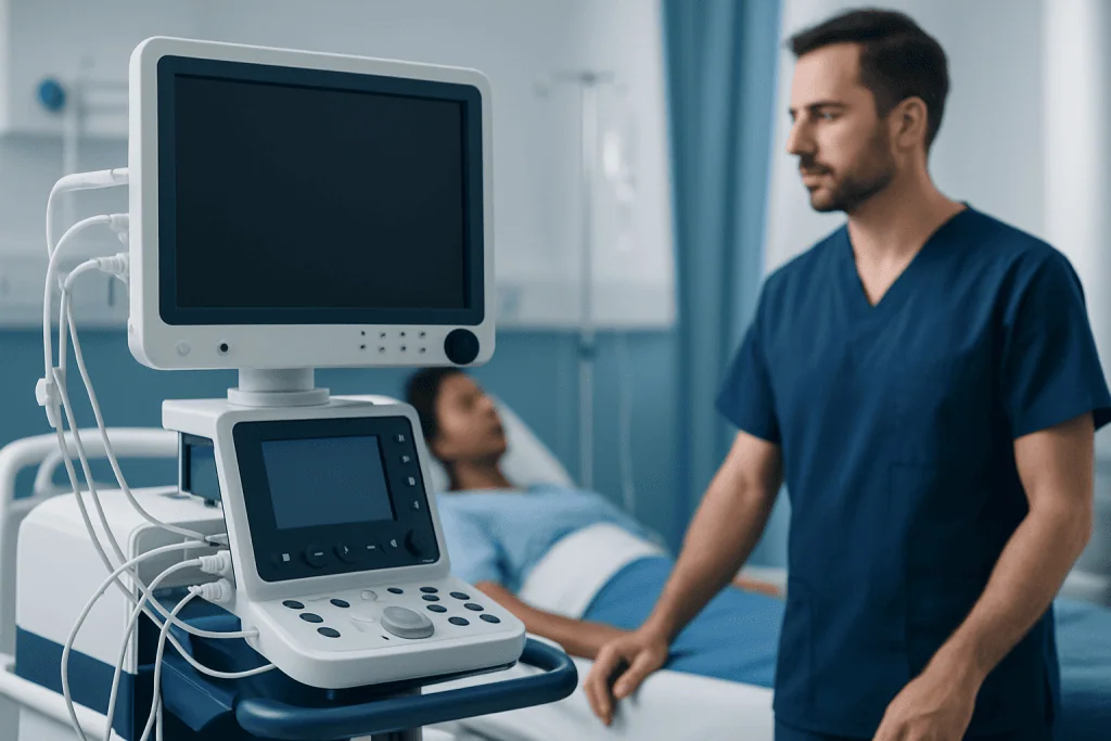 Medical professional monitoring patient using ultrasound equipment in hospital.