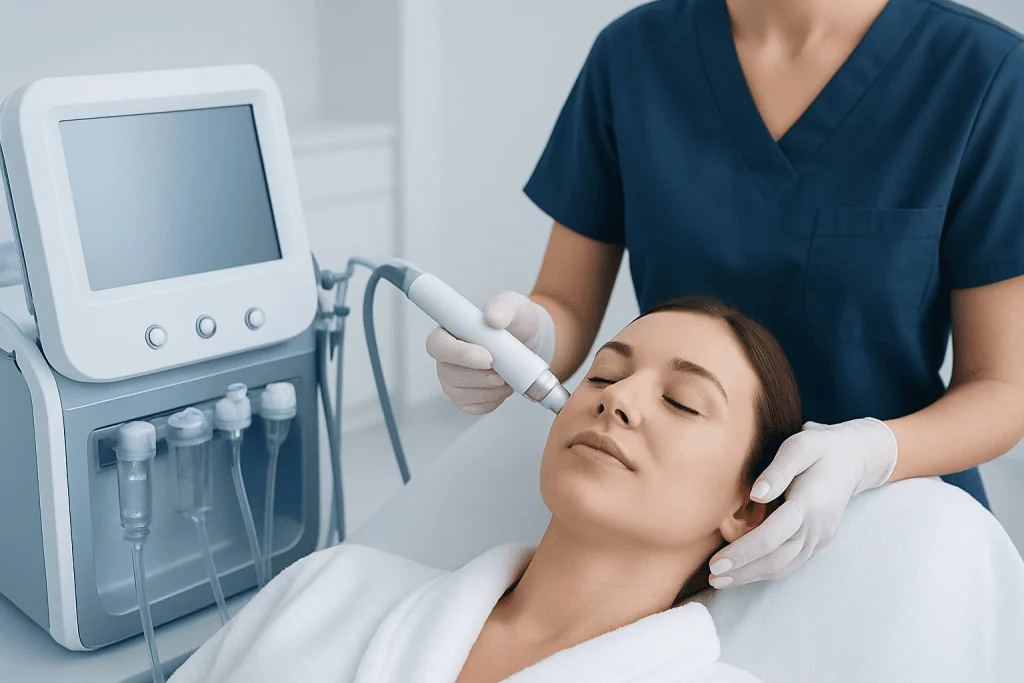 Skincare treatment at a medical clinic with a professional using a device on a woman's face.