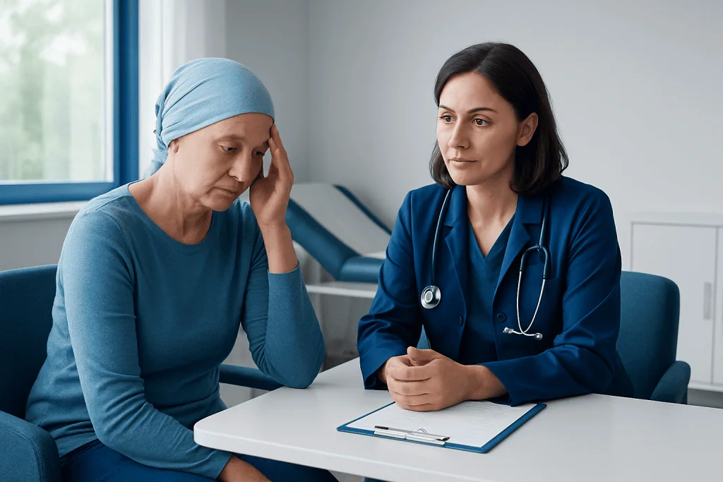 Doctor consulting with a patient in a hospital setting.