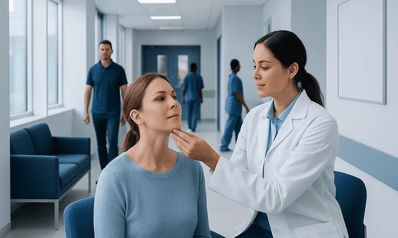 Medical professional examines patient's neck in a hospital corridor.