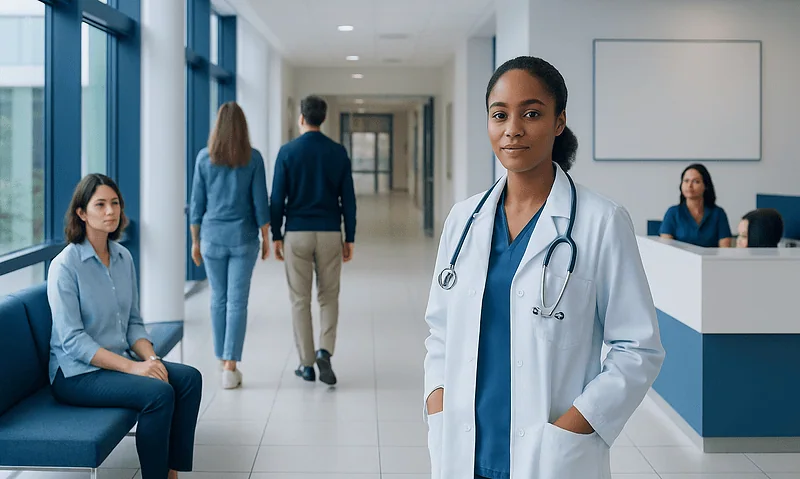 Female doctor in hospital corridor with patients and staff.