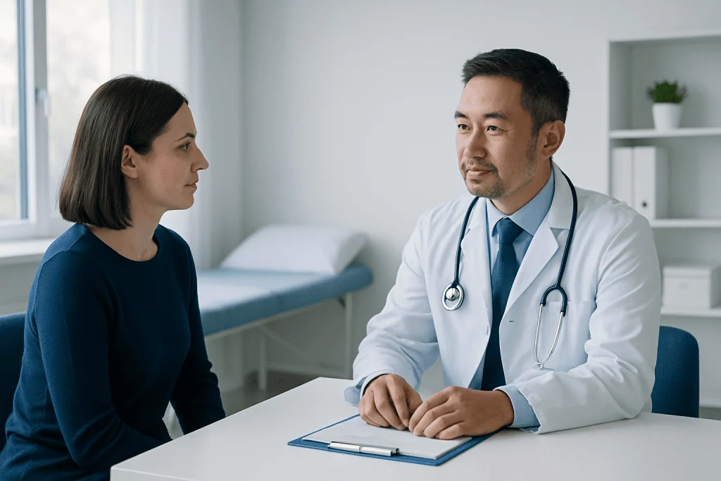 Doctor consulting with a female patient in a modern medical office.
