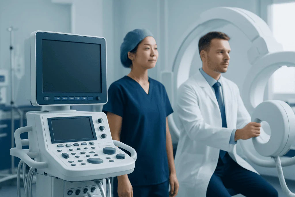 Medical professionals operating advanced diagnostic imaging equipment at Acibadem Hospital.