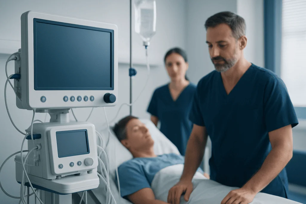 Medical team monitoring patient in hospital ICU with ventilator equipment.