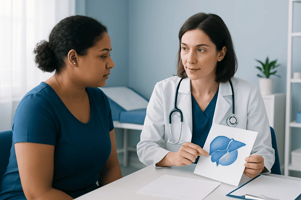 Doctor explaining prostate health to a patient in a medical consultation.