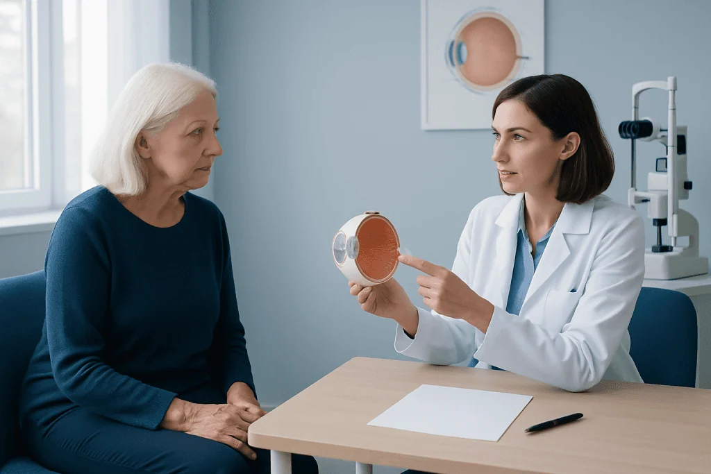 Ophthalmologist explaining eye health to an elderly woman in a clinic.