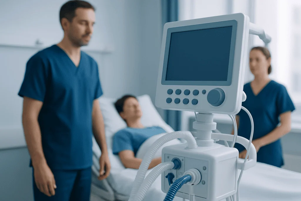 Medical team monitoring a patient with a ventilator in hospital.