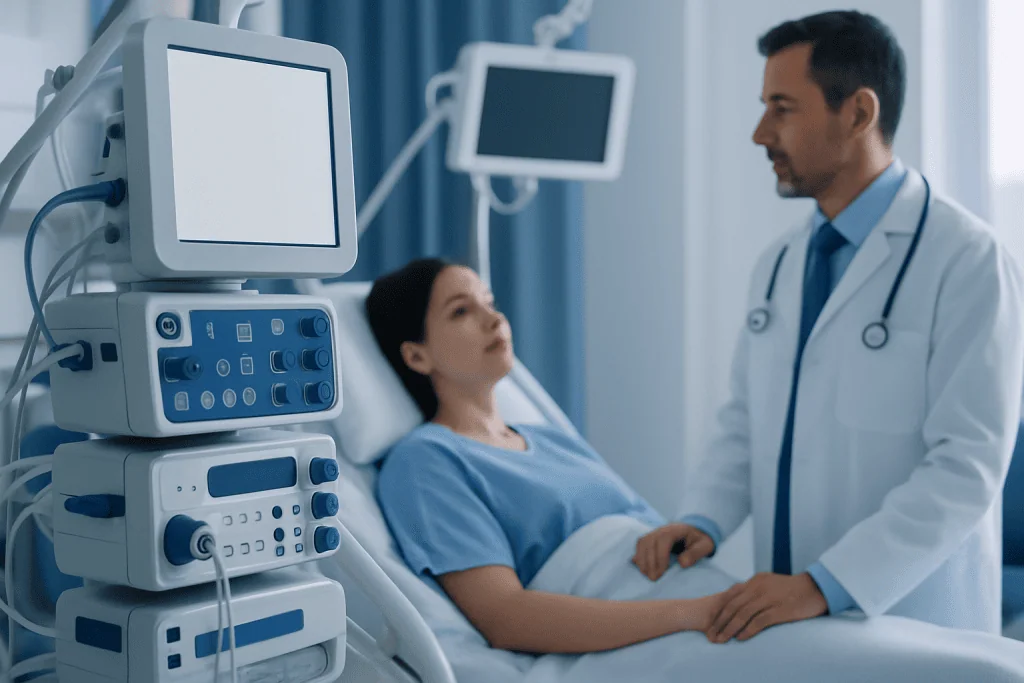 Doctor consulting patient in hospital room with medical monitors.