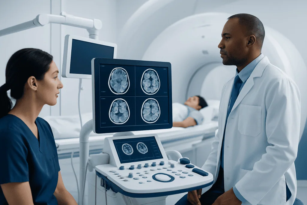 Medical professionals review brain scan images in a hospital setting.