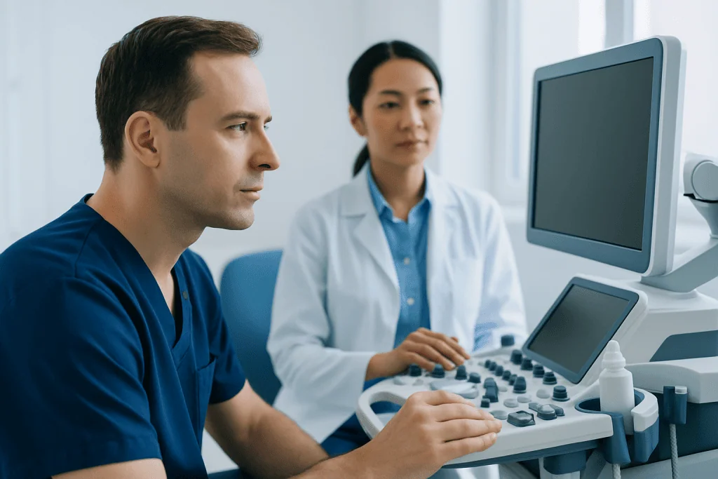 Medical professionals using ultrasound equipment in a clinical setting.